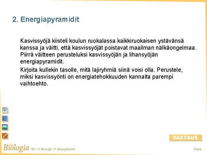 2. Energiapyramidit Kasvissyöjä kiisteli koulun ruokalassa kaikkiruokaisen ystävänsä kanssa ja väitti, että kasvissyöjät poistavat