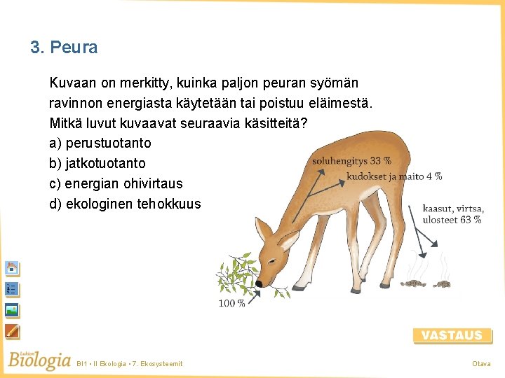 3. Peura Kuvaan on merkitty, kuinka paljon peuran syömän ravinnon energiasta käytetään tai poistuu