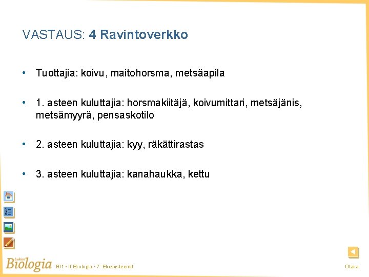 VASTAUS: 4 Ravintoverkko • Tuottajia: koivu, maitohorsma, metsäapila • 1. asteen kuluttajia: horsmakiitäjä, koivumittari,