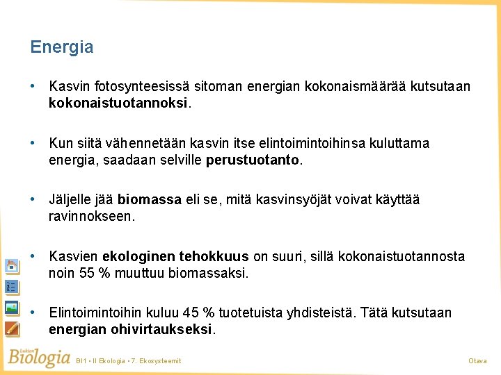 Energia • Kasvin fotosynteesissä sitoman energian kokonaismäärää kutsutaan kokonaistuotannoksi. • Kun siitä vähennetään kasvin