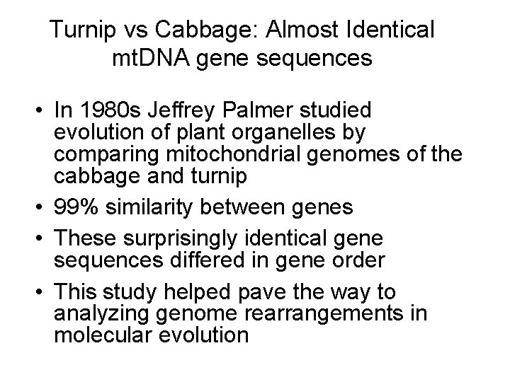 Turnip vs Cabbage: Almost Identical mt. DNA gene sequences • In 1980 s Jeffrey