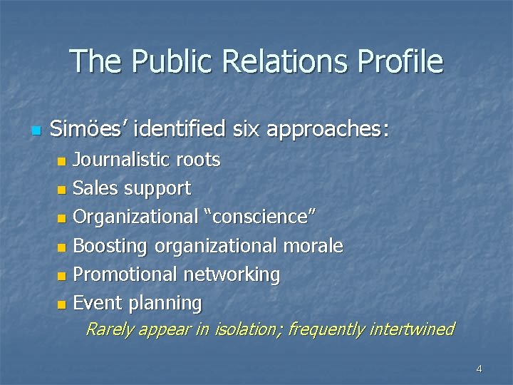 The Public Relations Profile n Simöes’ identified six approaches: Journalistic roots n Sales support