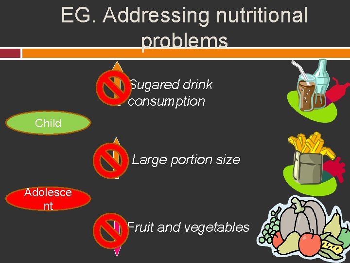 EG. Addressing nutritional problems Sugared drink consumption Child Large portion size Adolesce nt Fruit