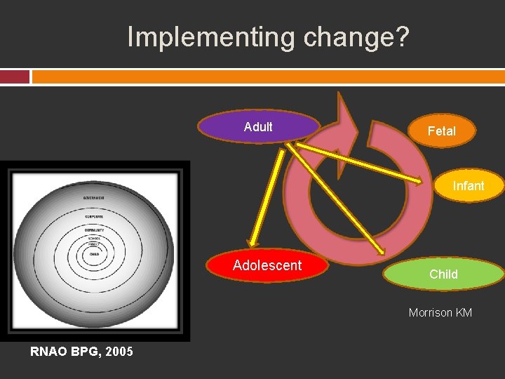 Implementing change? Adult Fetal Infant Adolescent Child Morrison KM RNAO BPG, 2005 