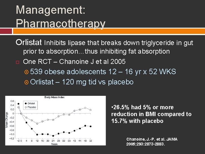 Management: Pharmacotherapy Orlistat Inhibits lipase that breaks down triglyceride in gut prior to absorption…thus