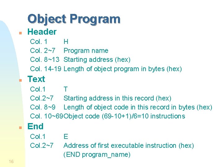 Object Program n Header Col. 1 H Col. 2~7 Program name Col. 8~13 Starting