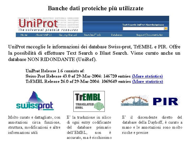 Banche dati proteiche più utilizzate Uni. Prot raccoglie le informazioni dei database Swiss-prot, Tr.