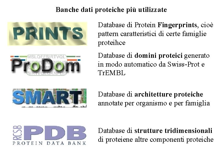 Banche dati proteiche più utilizzate Database di Protein Fingerprints, cioè pattern caratteristici di certe