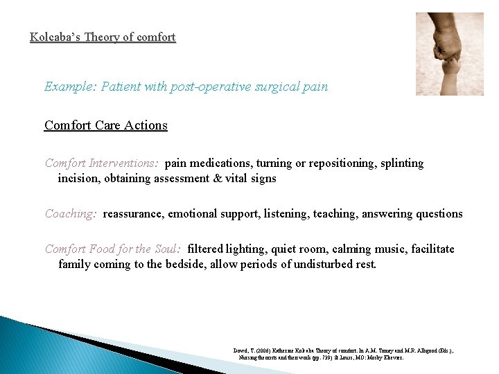 Kolcaba’s Theory of comfort Example: Patient with post-operative surgical pain Comfort Care Actions Comfort