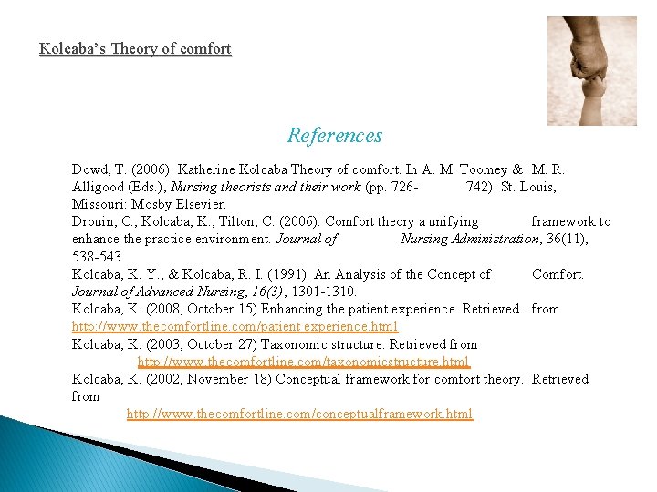 Kolcaba’s Theory of comfort References Dowd, T. (2006). Katherine Kolcaba Theory of comfort. In