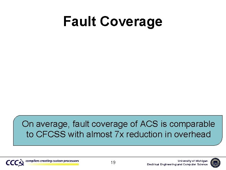 Fault Coverage On average, fault coverage of ACS is comparable to CFCSS with almost