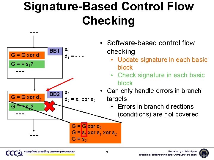 Signature-Based Control Flow Checking G = G xor d 1 BB 1 s 1