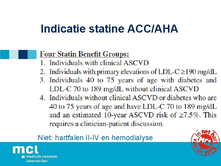 Indicatie statine ACC/AHA Niet: hartfalen II-IV en hemodialyse 