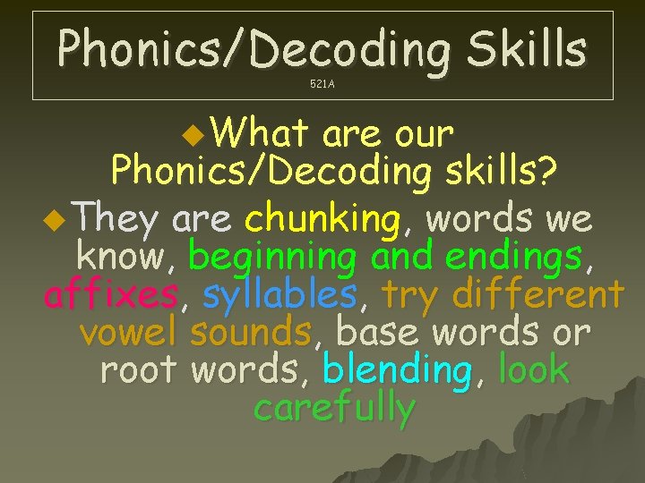 Phonics/Decoding Skills 521 A u. What are our Phonics/Decoding skills? u. They are chunking,