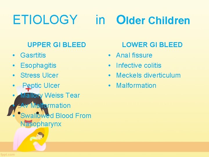 ETIOLOGY in Older Children UPPER GI BLEED • • Gasrtitis Esophagitis Stress Ulcer Peptic
