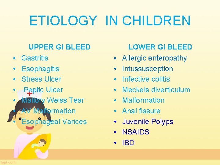 ETIOLOGY IN CHILDREN UPPER GI BLEED • • Gastritis Esophagitis Stress Ulcer Peptic Ulcer