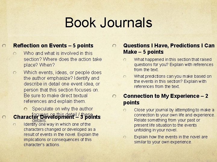 Book Journals Reflection on Events – 5 points Who and what is involved in