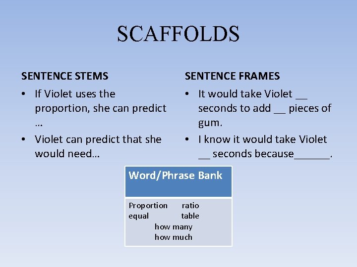 SCAFFOLDS SENTENCE STEMS SENTENCE FRAMES • If Violet uses the proportion, she can predict