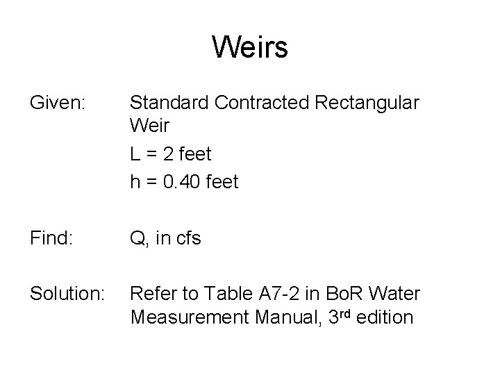 Weirs Given: Standard Contracted Rectangular Weir L = 2 feet h = 0. 40