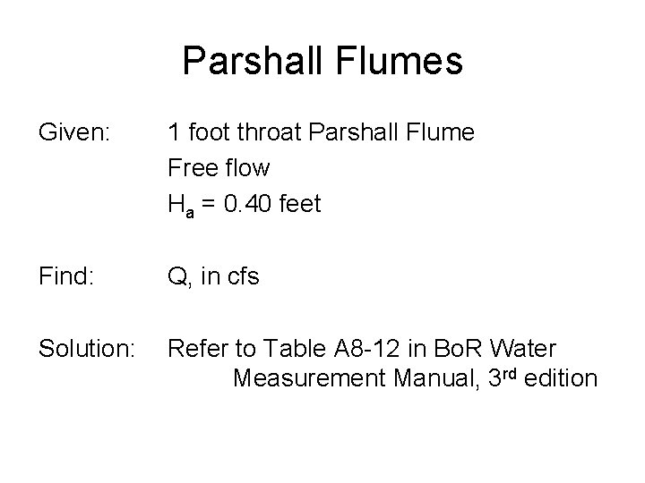 Parshall Flumes Given: 1 foot throat Parshall Flume Free flow Ha = 0. 40