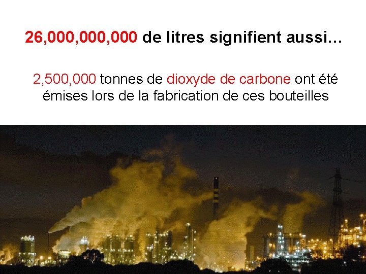 26, 000, 000 de litres signifient aussi… 2, 500, 000 tonnes de dioxyde de