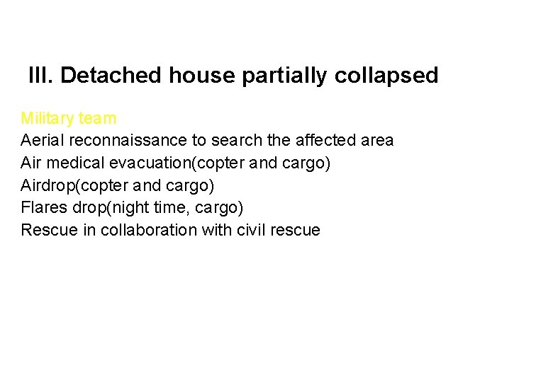 III. Detached house partially collapsed Military team Aerial reconnaissance to search the affected area