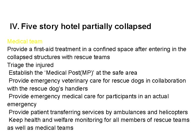 IV. Five story hotel partially collapsed Medical team Provide a first-aid treatment in a