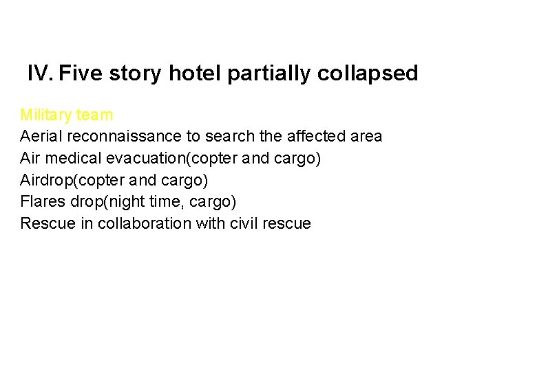 IV. Five story hotel partially collapsed Military team Aerial reconnaissance to search the affected