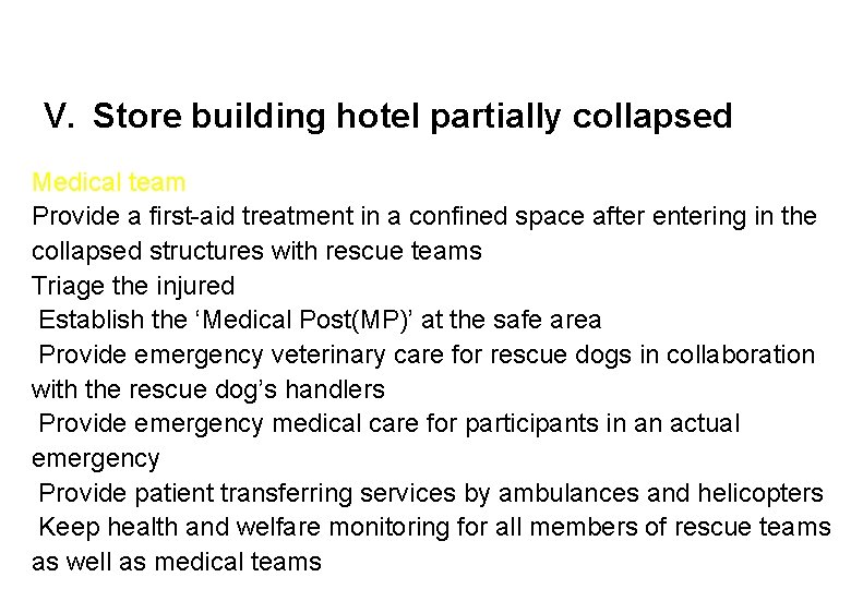 V. Store building hotel partially collapsed Medical team Provide a first-aid treatment in a