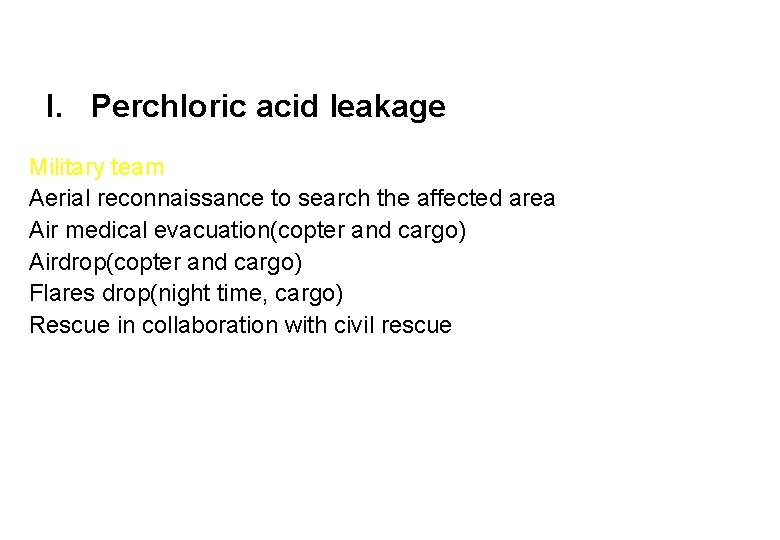 I. Perchloric acid leakage Military team Aerial reconnaissance to search the affected area Air