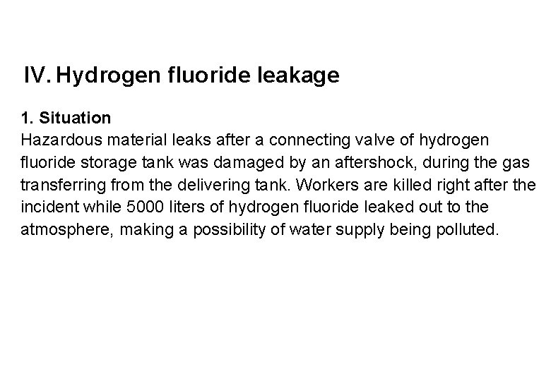 IV. Hydrogen fluoride leakage 1. Situation Hazardous material leaks after a connecting valve of