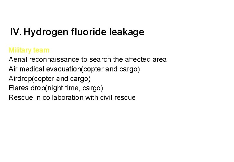 IV. Hydrogen fluoride leakage Military team Aerial reconnaissance to search the affected area Air