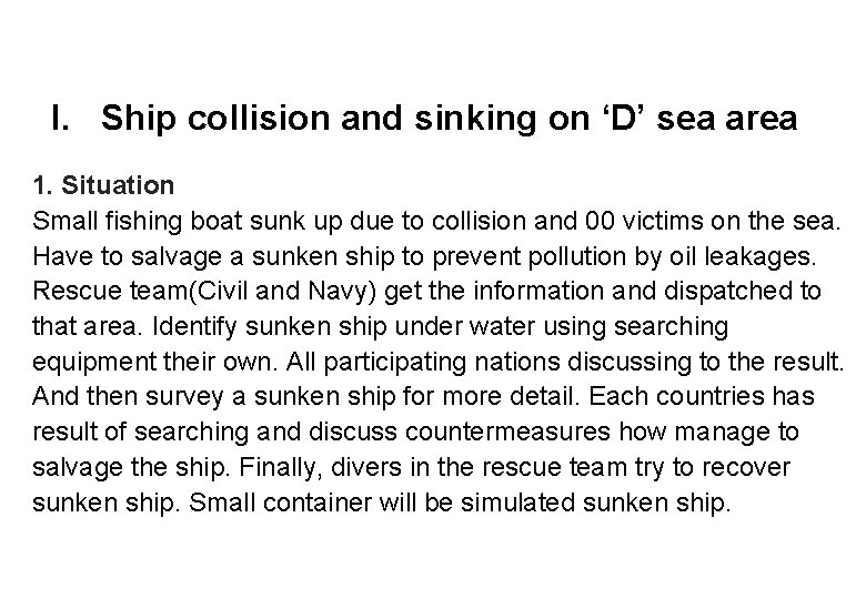 I. Ship collision and sinking on ‘D’ sea area 1. Situation Small fishing boat