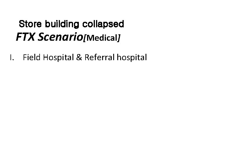 Store building collapsed FTX Scenario[Medical] I. Field Hospital & Referral hospital 