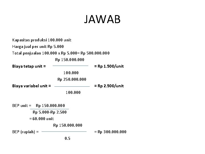 JAWAB Kapasitas produksi 100. 000 unit Harga jual per unit Rp 5. 000 Total