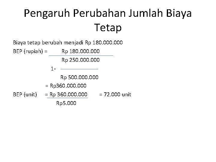 Pengaruh Perubahan Jumlah Biaya Tetap Biaya tetap berubah menjadi Rp 180. 000 BEP (rupiah)