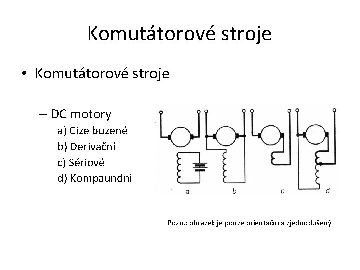 Komutátorové stroje • Komutátorové stroje – DC motory a) Cize buzené b) Derivační c)