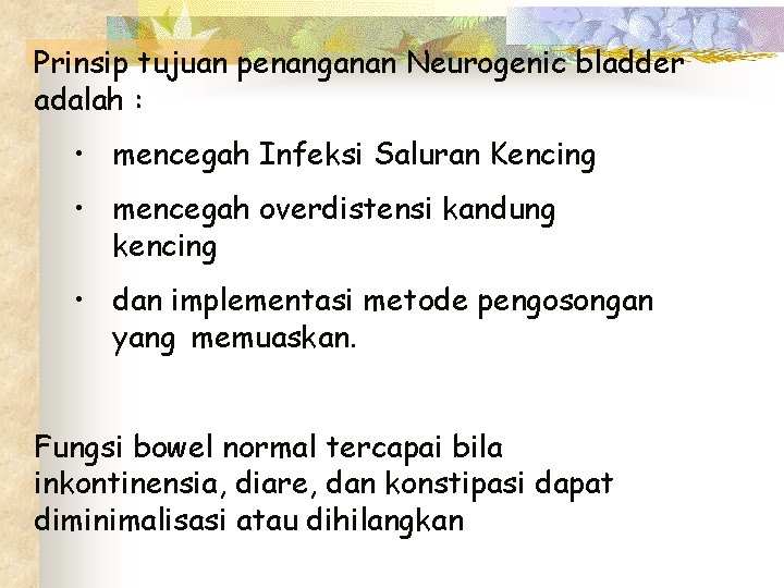Prinsip tujuan penanganan Neurogenic bladder adalah : • mencegah Infeksi Saluran Kencing • mencegah