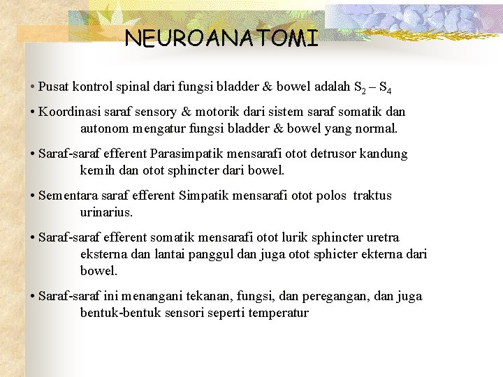NEUROANATOMI • Pusat kontrol spinal dari fungsi bladder & bowel adalah S 2 –