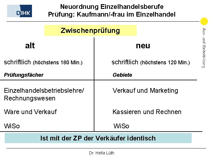 Neuordnung Einzelhandelsberufe Prüfung: Kaufmann/-frau im Einzelhandel Zwischenprüfung alt neu schriftlich (höchstens 180 Min. )