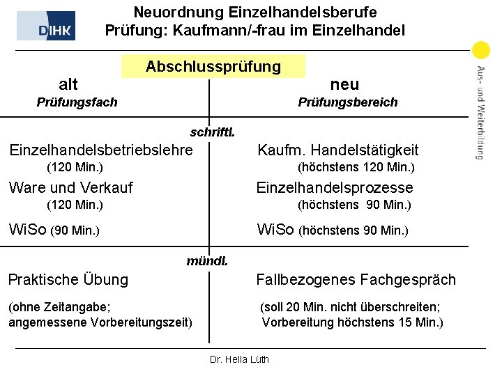 Neuordnung Einzelhandelsberufe Prüfung: Kaufmann/-frau im Einzelhandel alt Abschlussprüfung Prüfungsfach neu Prüfungsbereich schriftl. Einzelhandelsbetriebslehre Kaufm.