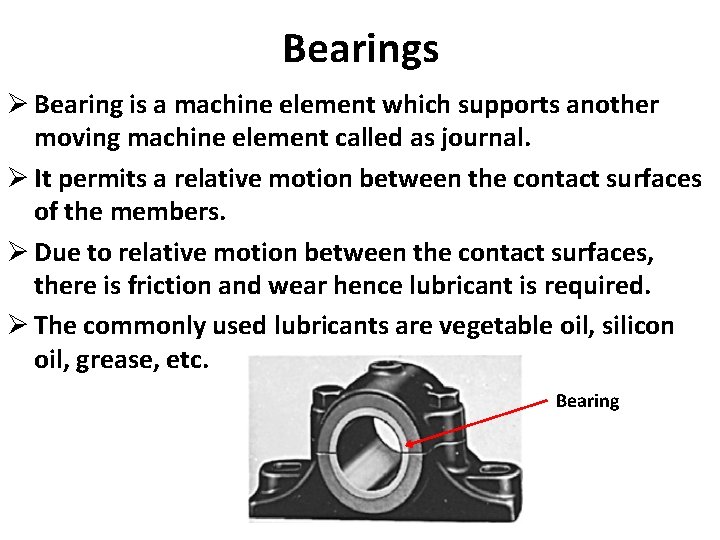 Bearings Ø Bearing is a machine element which supports another moving machine element called