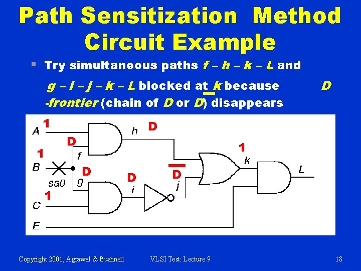 Path Sensitization Method Circuit Example § Try simultaneous paths f – h – k Path Sensitization Method Circuit Example § Try simultaneous paths f – h – k