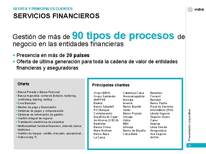 OFERTA Y PRINCIPALES CLIENTES SERVICIOS FINANCIEROS Gestión de más de 90 tipos de negocio