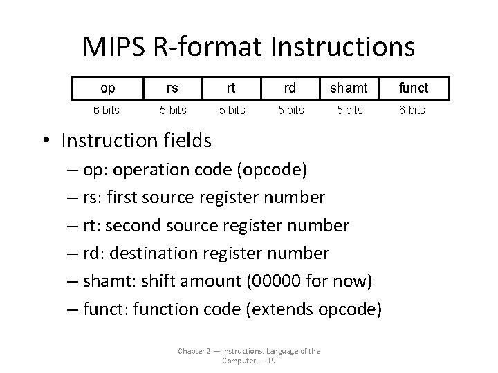 MIPS R-format Instructions op rs rt rd shamt funct 6 bits 5 bits 6