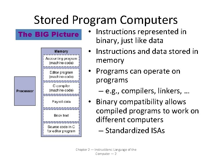 Stored Program Computers The BIG Picture • Instructions represented in binary, just like data