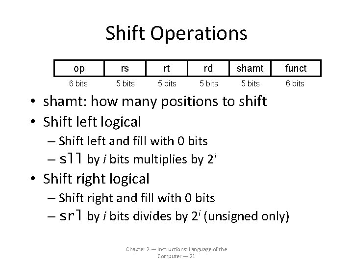 Shift Operations op rs rt rd shamt funct 6 bits 5 bits 6 bits