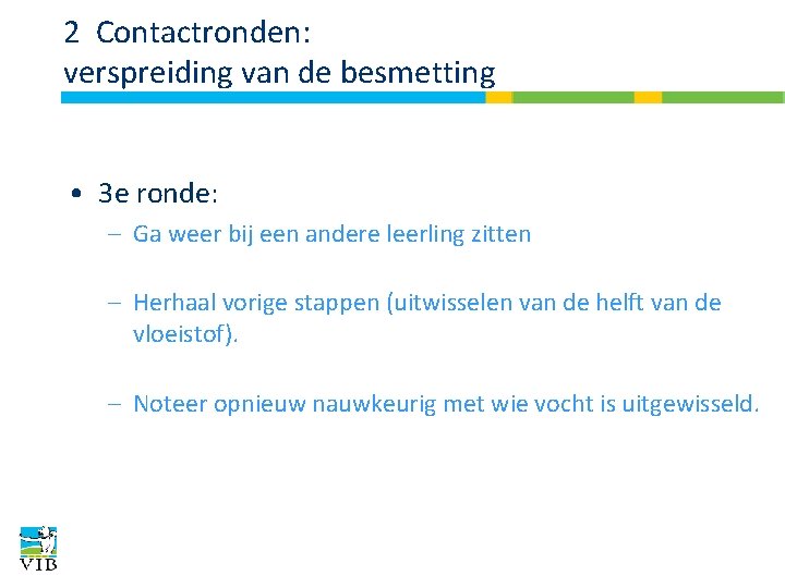 2 Contactronden: verspreiding van de besmetting • 3 e ronde: – Ga weer bij