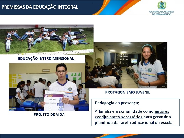 PREMISSAS DA EDUCAÇÃO INTEGRAL EDUCAÇÃO INTERDIMENSIONAL PROTAGONISMO JUVENIL Pedagogia da presença; PROJETO DE VIDA