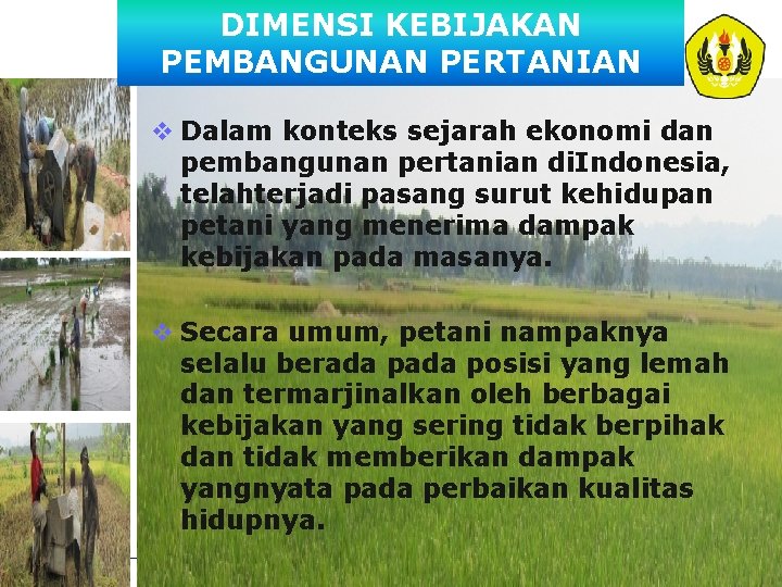 DIMENSI KEBIJAKAN PEMBANGUNAN PERTANIAN v Dalam konteks sejarah ekonomi dan pembangunan pertanian di. Indonesia,